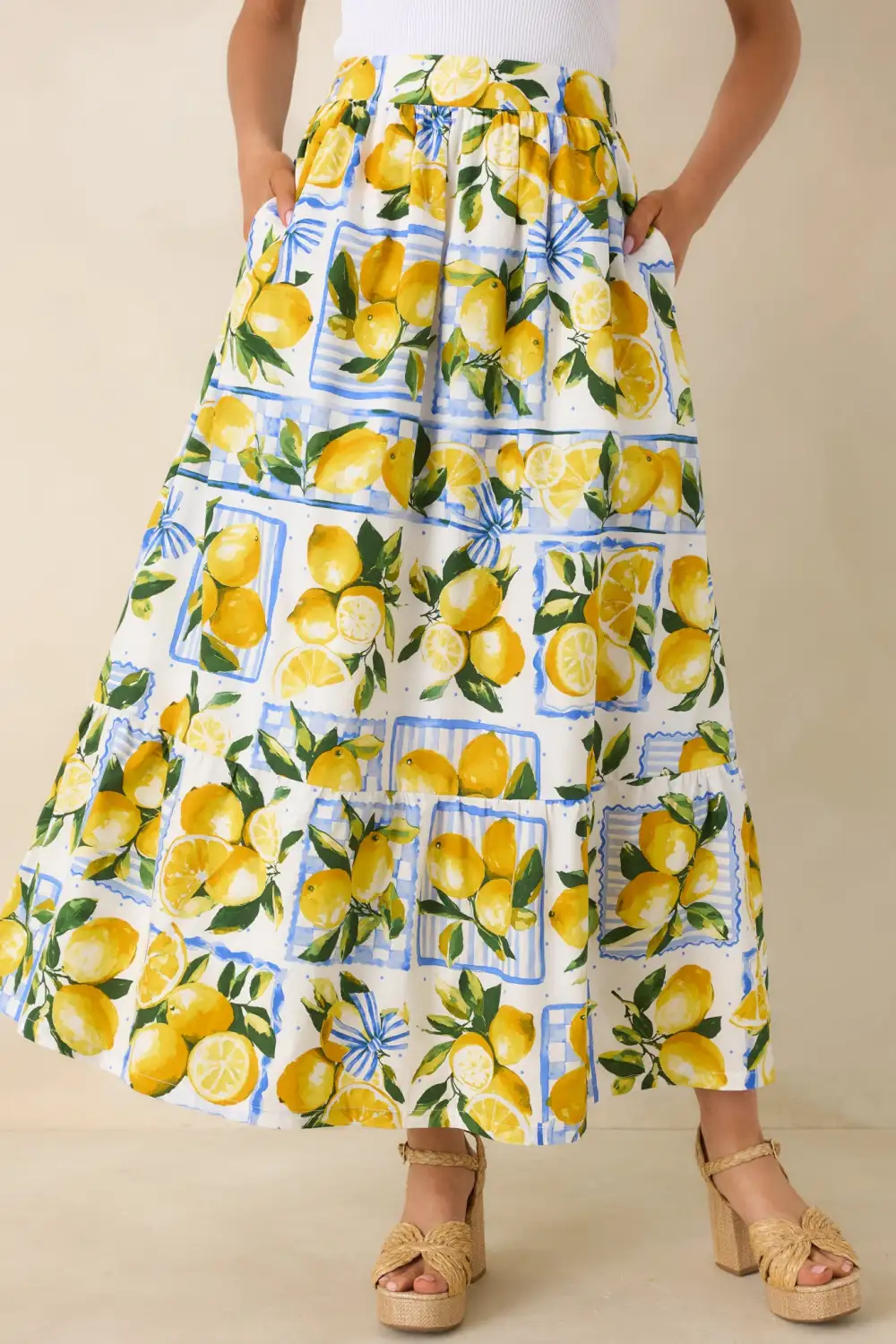 Citrus Charm Multi Lemon Print Cotton Maxi Skirt