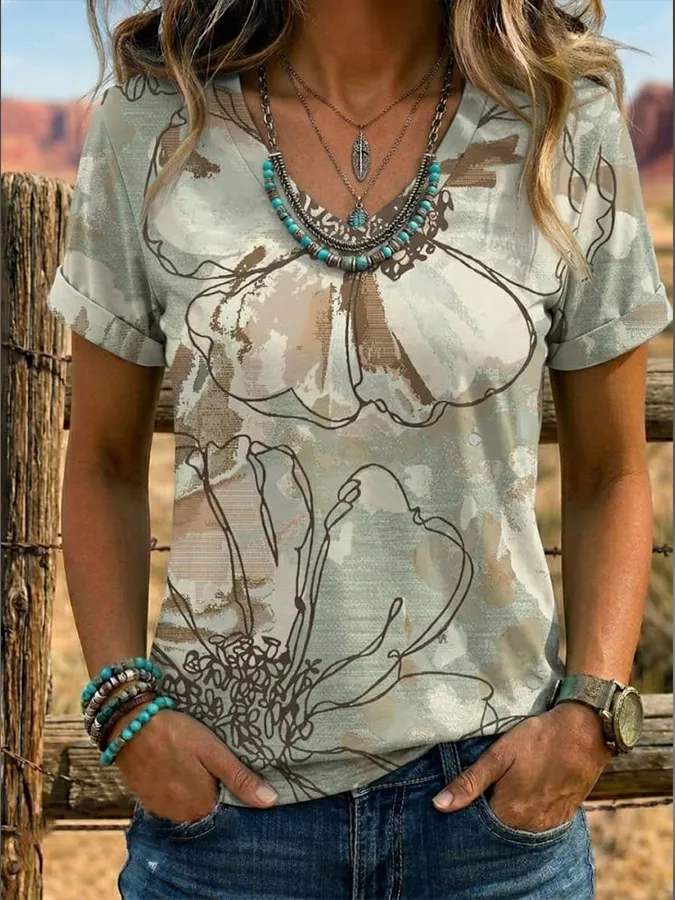 Women'S Retro Floral Print V-Neck T-Shirt