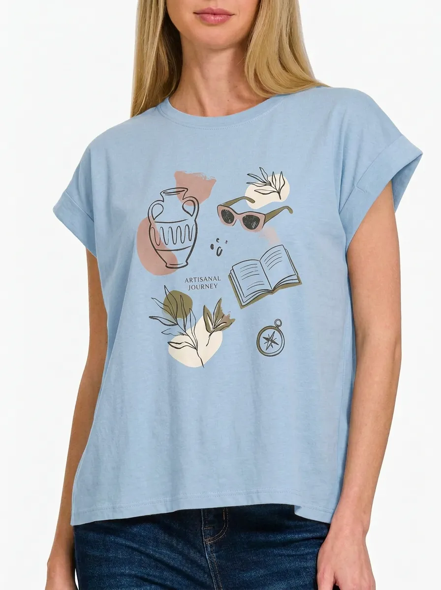 Women's Travel Lover Vase Book Compass Printed T-shirt