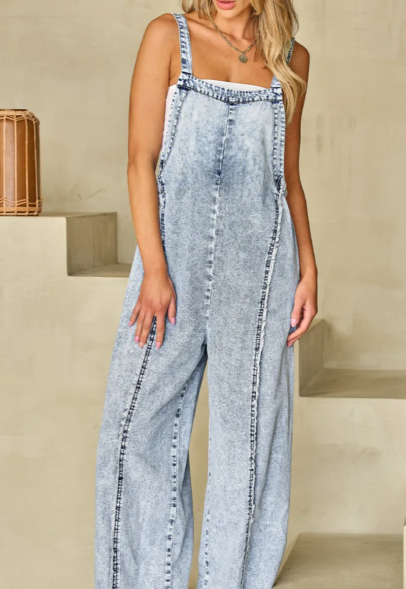 Beau Blue Light Wash Frayed Exposed Seam Wide Leg Denim Overall