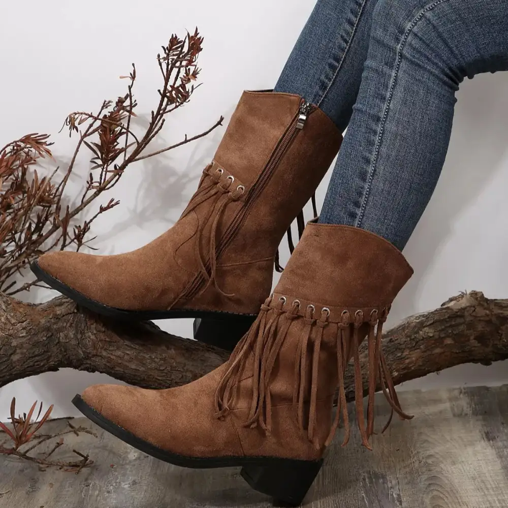 Fringe Western Block Heel Boots