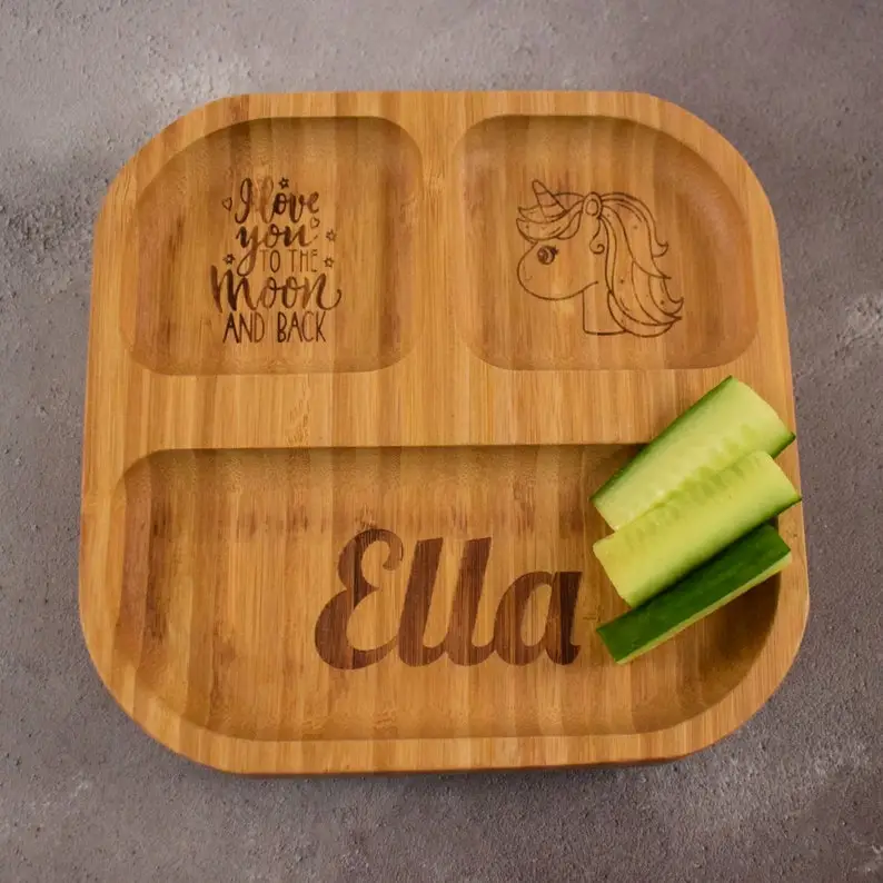 Personalised Engraved Bamboo Children's Plate - Weaning - Baby Gift - Toddler Gifts- 4 Section Square Bamboo Plate with Suction