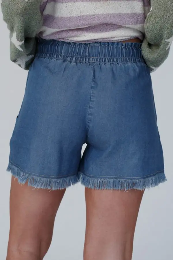 Raw Hem Drawstring High Waist Denim Shorts With Pockets