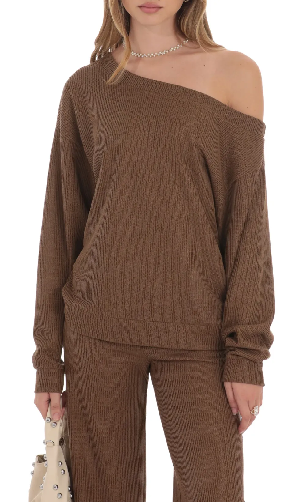 Off Shoulder Knit Oversized Jumper In Brown