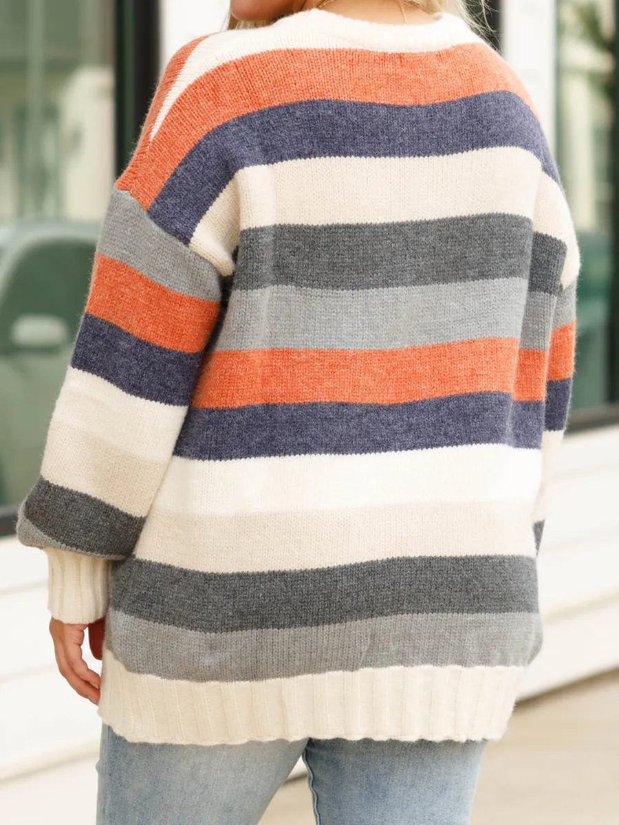 Multi color patchwork striped loose knit sweater