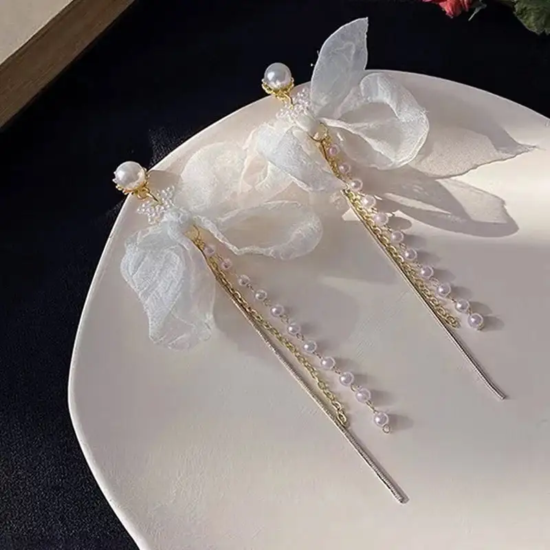 Sweet Lace Bow Pearl Tassel Fabric Stud Earrings