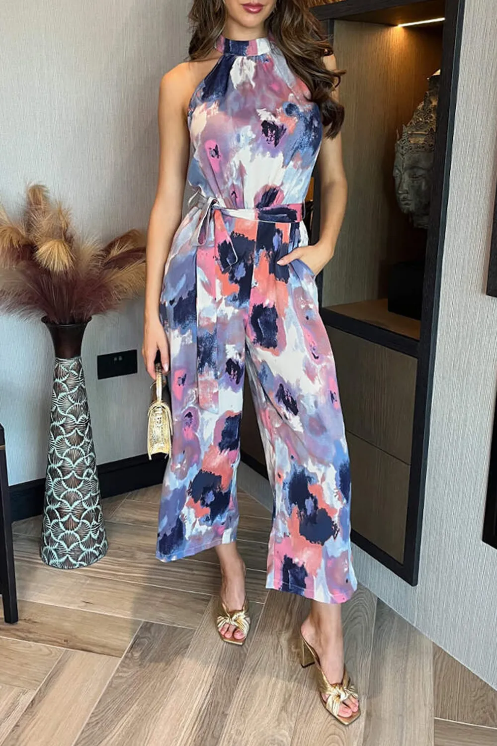 Colorful Art Print Women's Sleeveless Turtleneck Jumpsuit