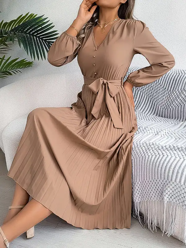 Pleated Buttoned Belted Long Neck Maxi Dress
