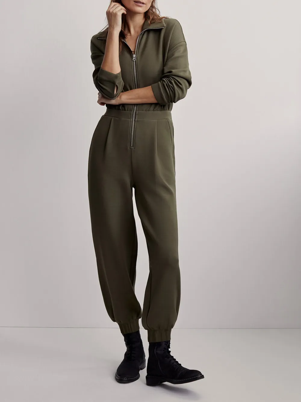 Casual Zip-Front Long-Sleeve Jumpsuit