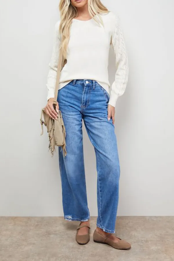 Casual Style V Neck Scallop Ivory Sweaters