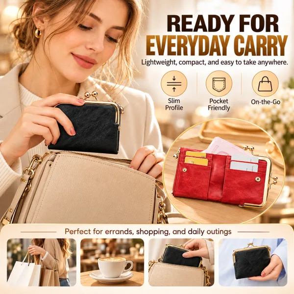 Elegant Women's Vintage Style Foldable RFID Blocking Leather Wallet – Kiss Lock, Small Compact Bifold with Zipper Pocket for Cash/Cards, Minimalist Money Organizer, Women's Accessory