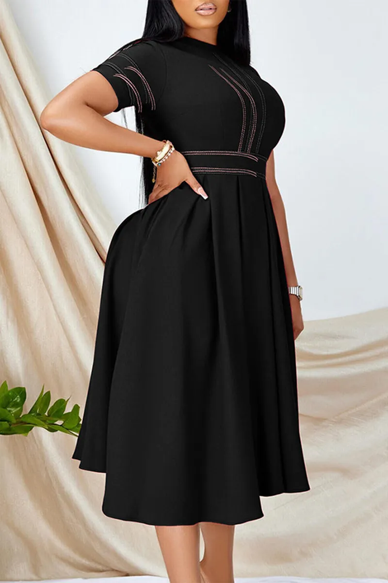 Plus Size Royal Blue Casual High Waist Pleated Round Neck Midi Dresses