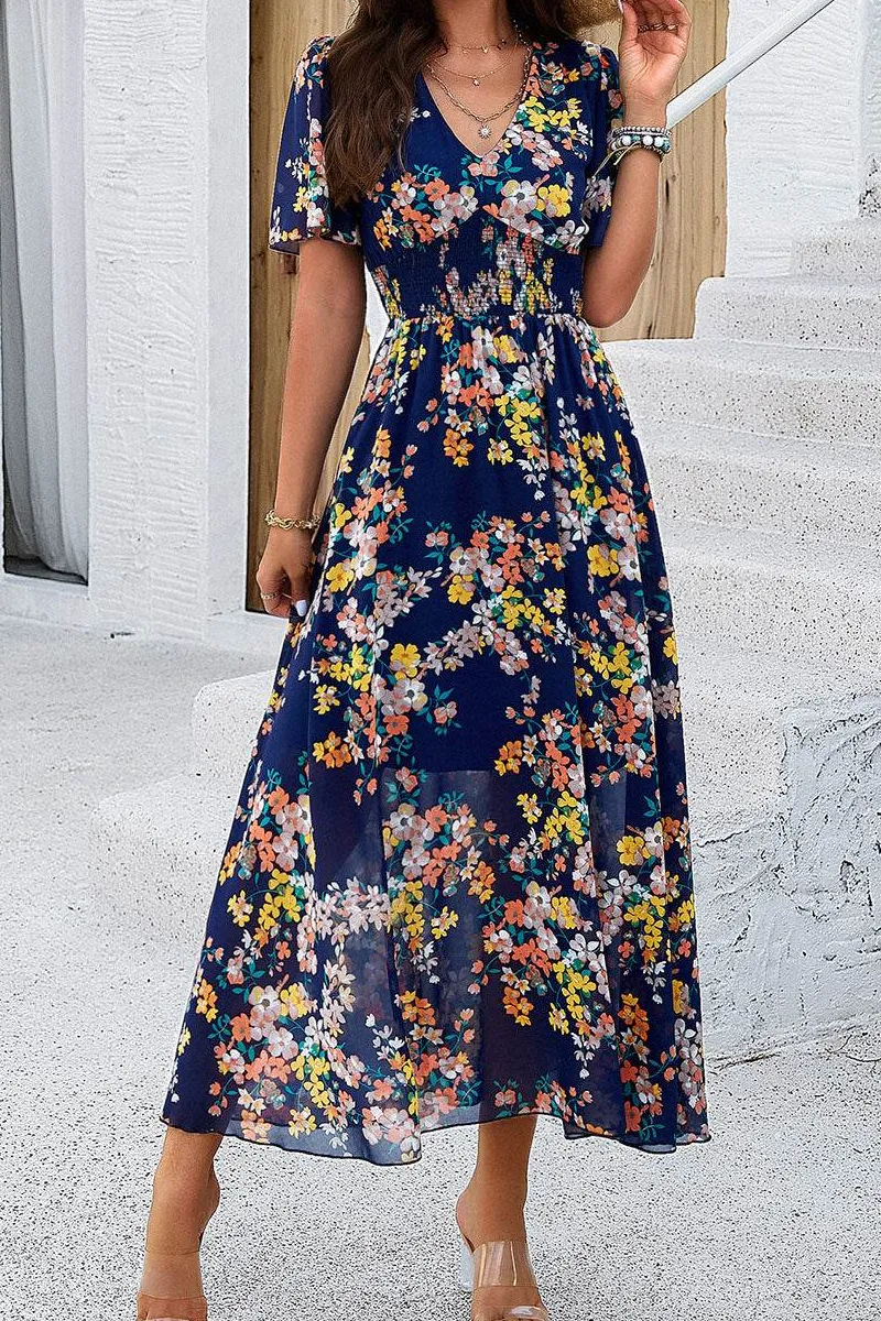 Smocked Floral V Neck Maxi Dress
