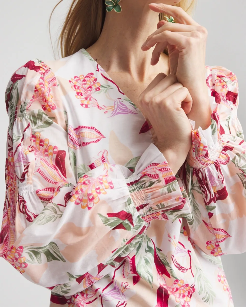 Floral Print V-Neck Puff Sleeve Blouse