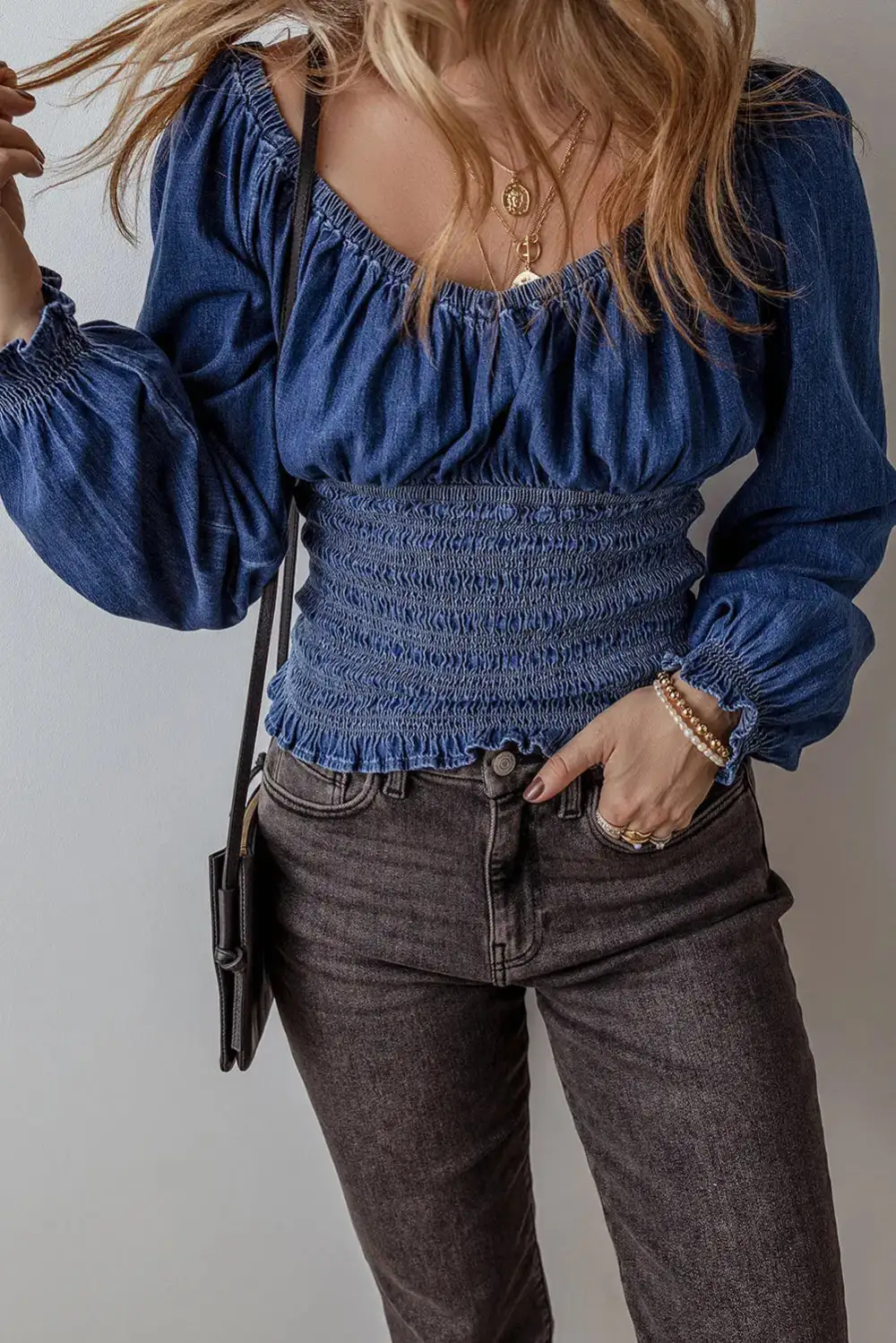 Ruffled Smocked V-Neck Blouse