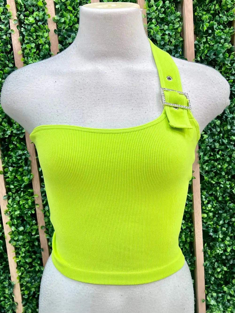 Rhinestone Buckle Asymmetric Shoulder Top
