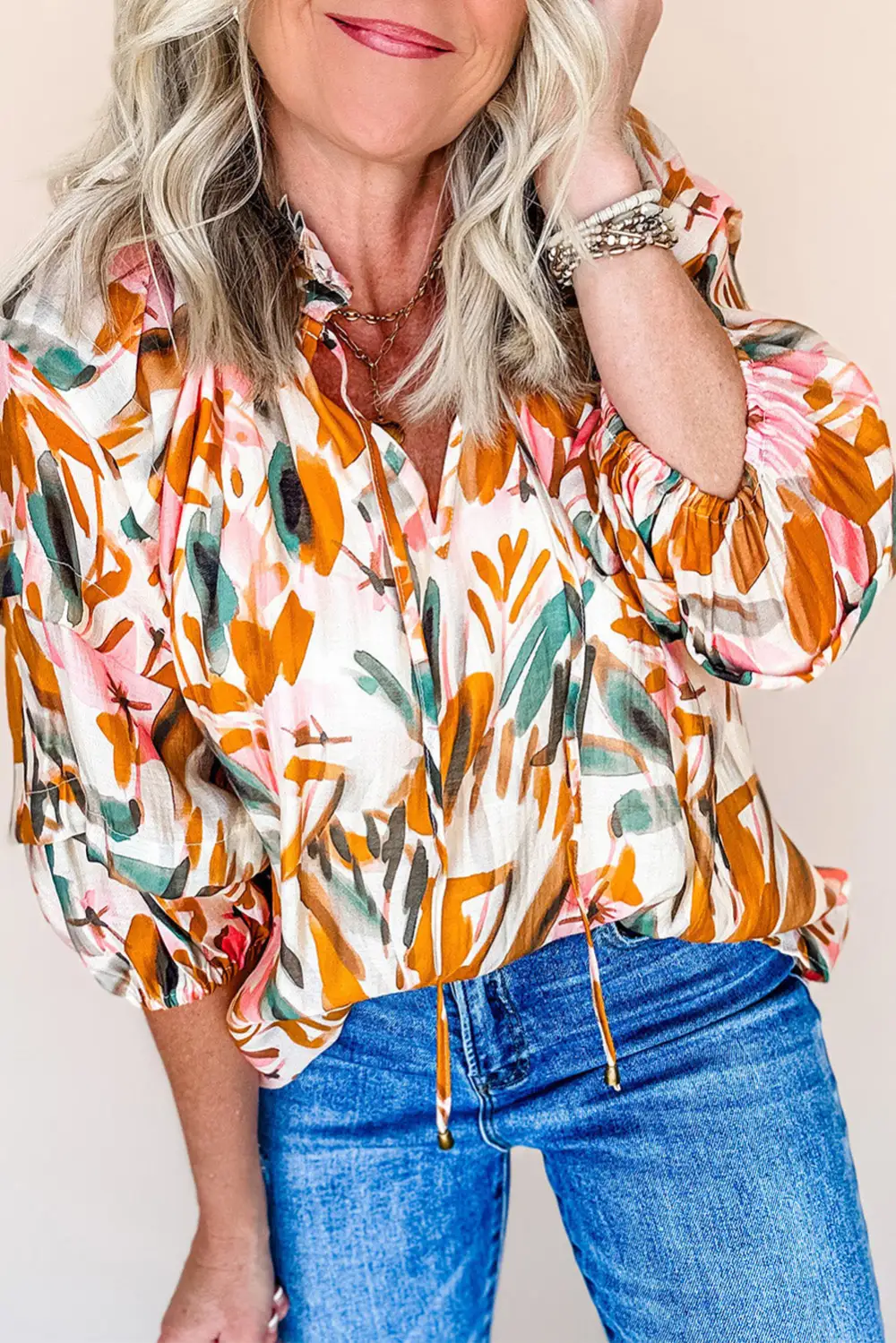 Abstract Print Frilled V-Neck Blouse