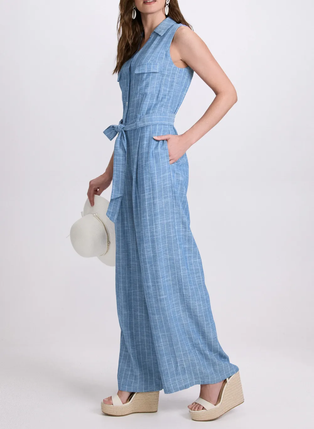 V-Neck Blue Striped Jumpsuit