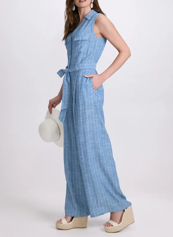 V-Neck Blue Striped Jumpsuit