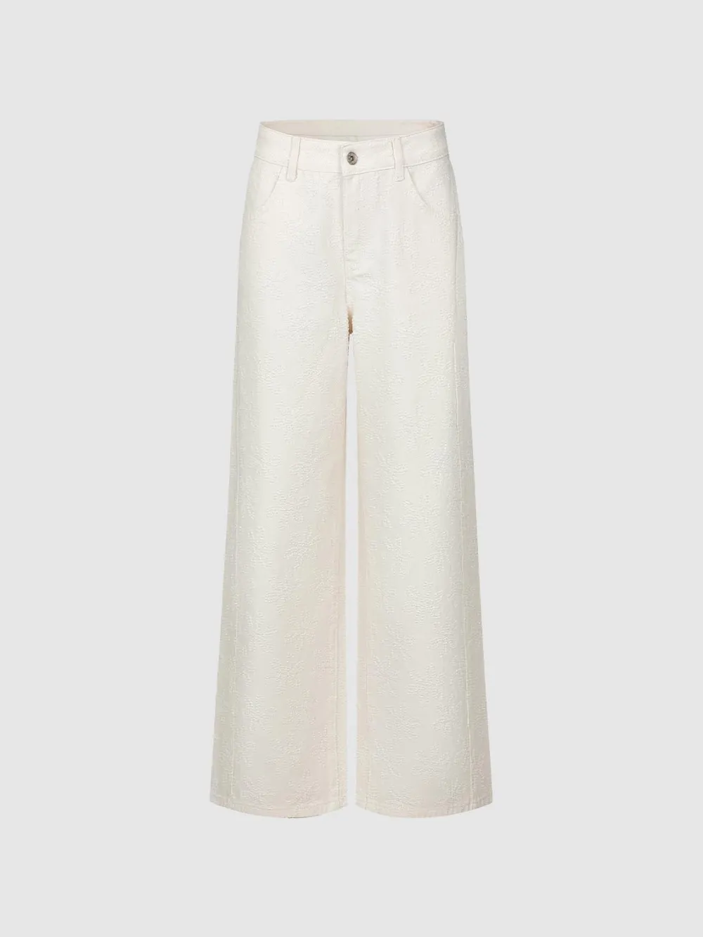 Ladies' White Floral Casual Style Wide-Leg Denim Trousers