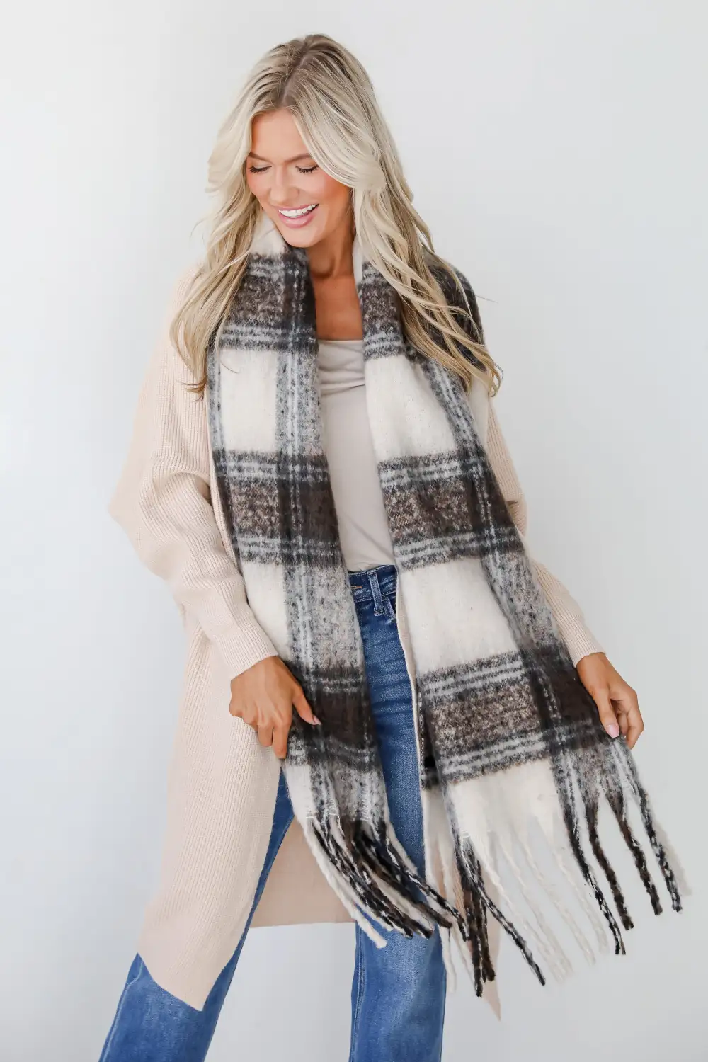 FINAL SALE - Snuggly Elevation Plaid Fringe Scarf - DOORBUSTER