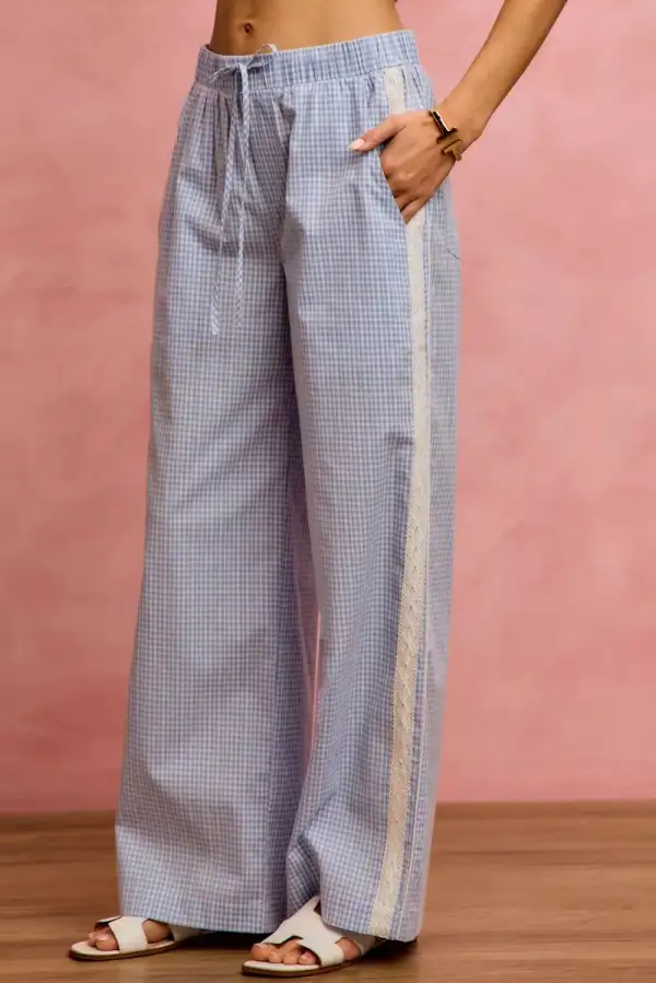 Wide Check Pants with Side Lace Trim and Piping