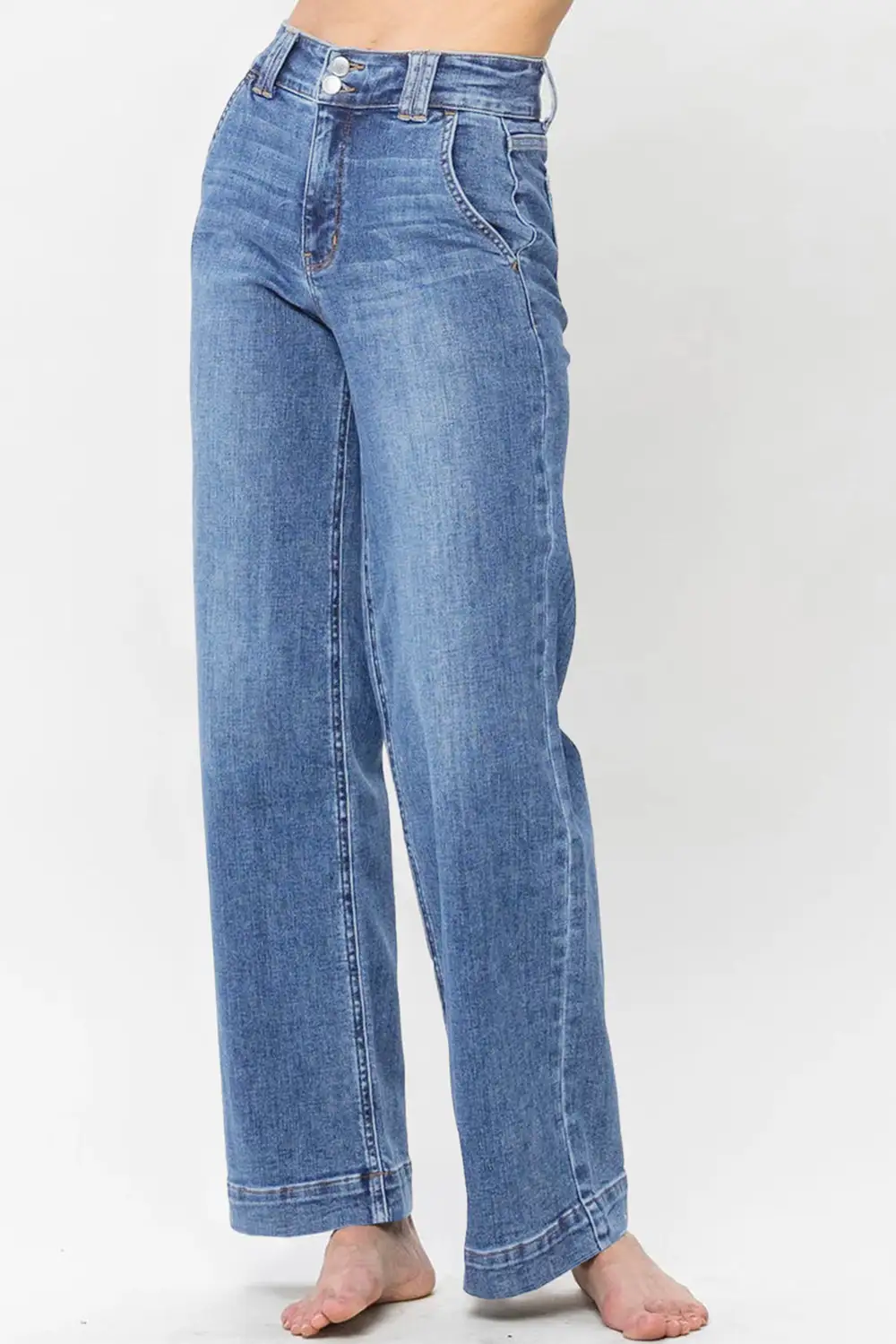 Double Button Zip Fly Straight Leg Jeans