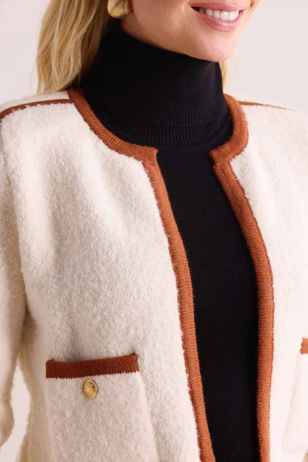 Cream Contrast Trim Cropped Cardigan