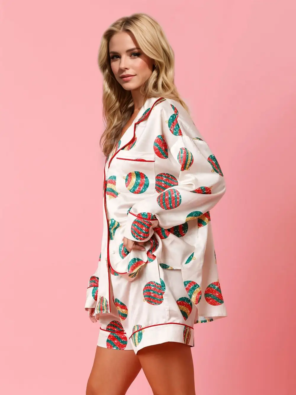 Printed Collared Neck Long Sleeve Top and Shorts Set