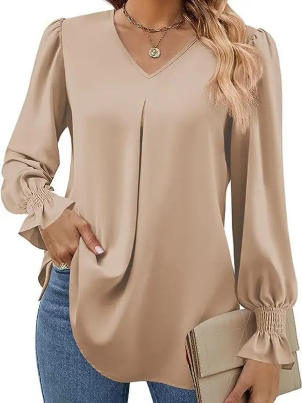 Pleated Chiffon V-Neck Blouse