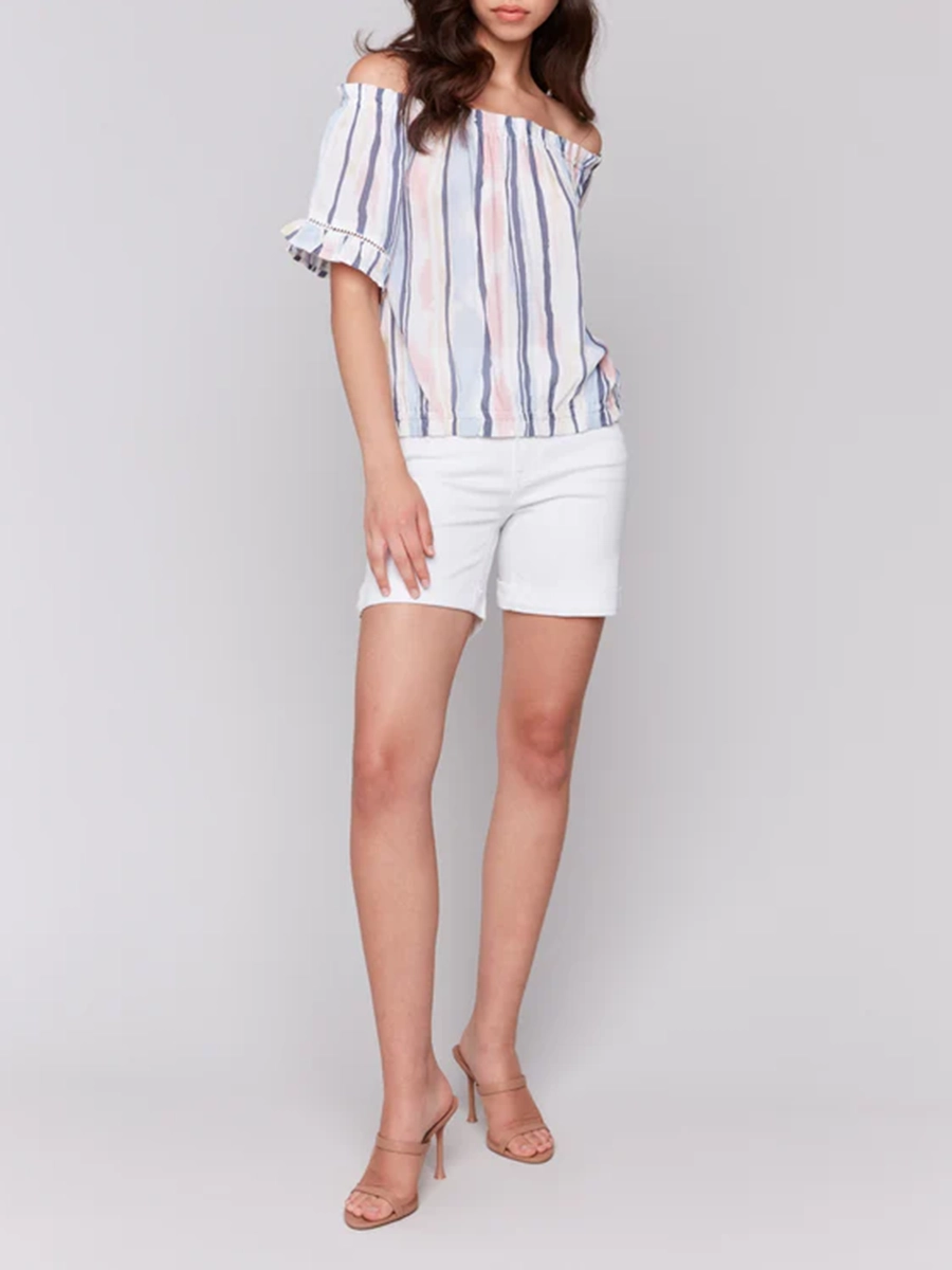 Striped High-End Off-Shoulder Short Sleeves