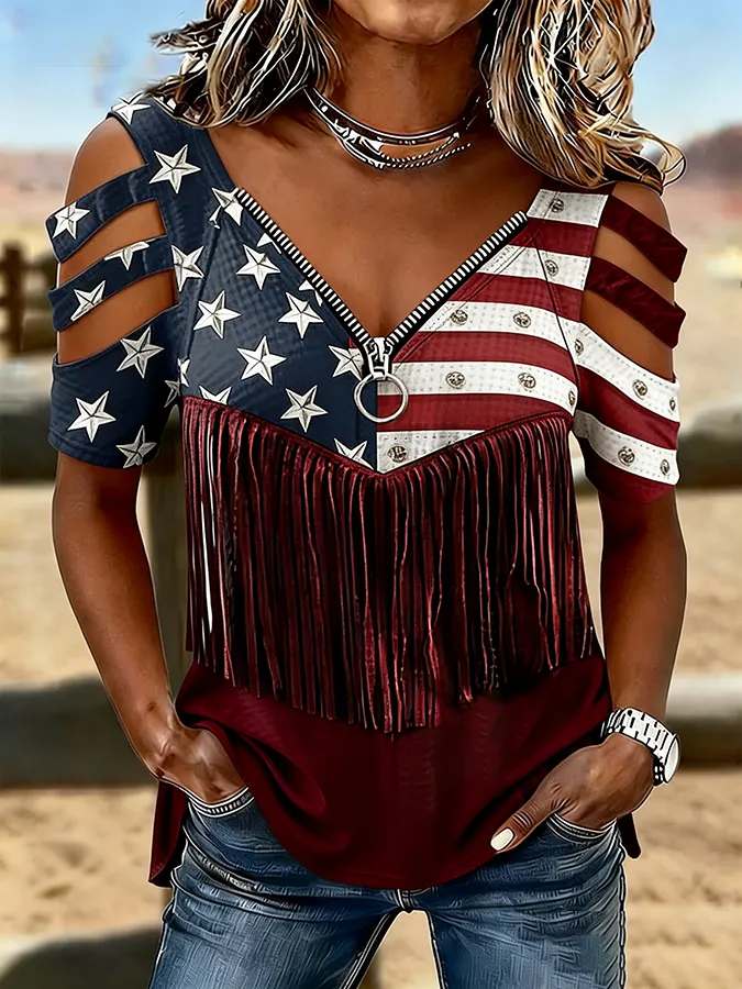 Women'S Casual Hollow Patriotic T-Shirt