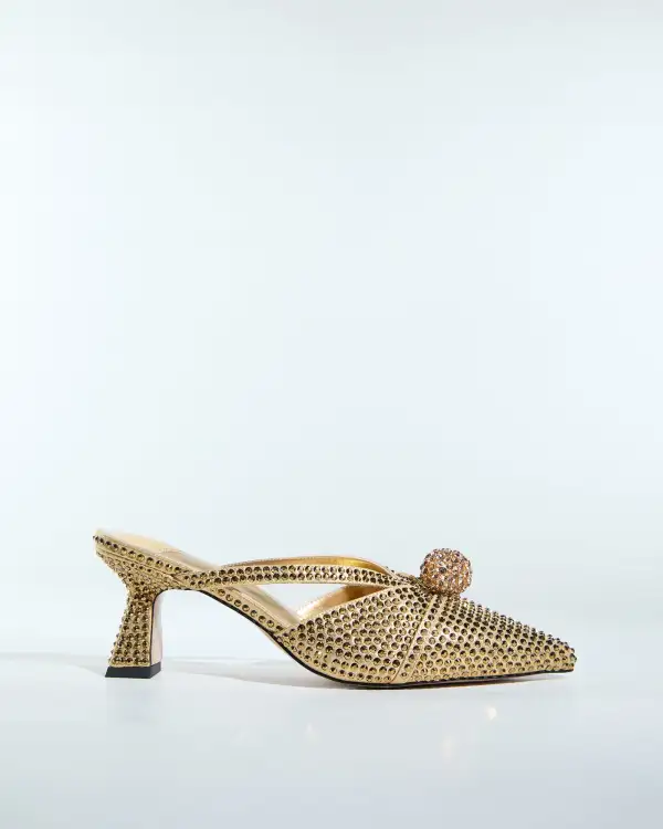 Bead Rhinestone Embellished Mules in Gold
