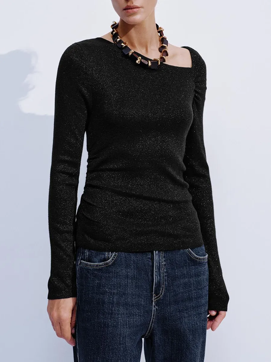 Lady's Shiny Asymmetrical Collar Fitted Long-Sleeved T-Shirt