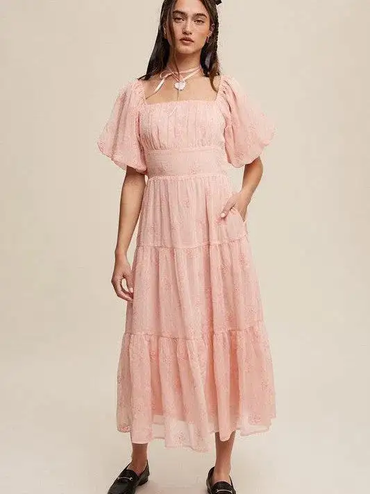 Listen to your Heart Flower Embroidered Puff Sleeve Tiered Maxi Dress