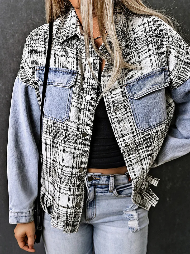 Casual plaid fringed denim jacket