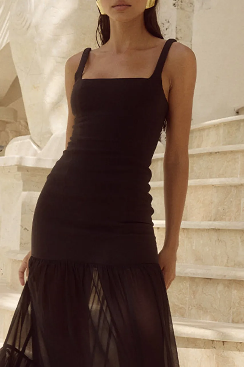 Black Suspender Skirt Tail Mesh Maxi Dress
