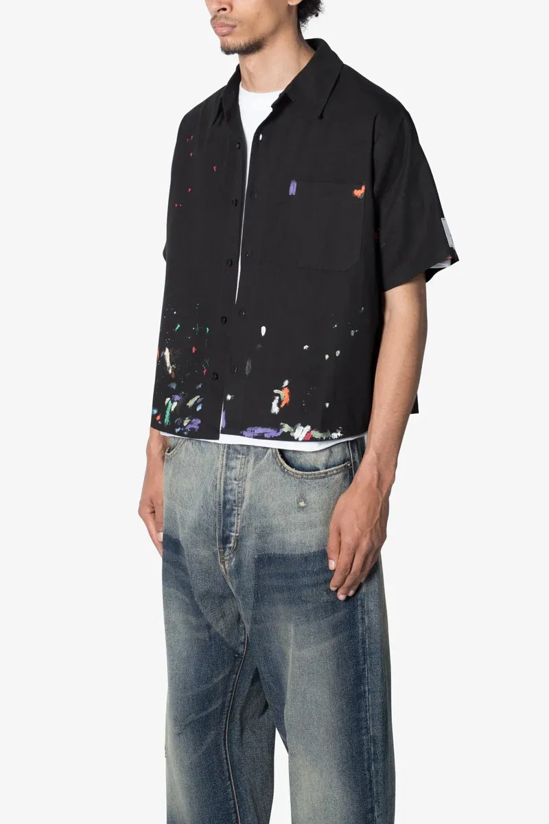 BLACK PAINT SPLATTER POPLIN SHORT SLEEVE SHIRT