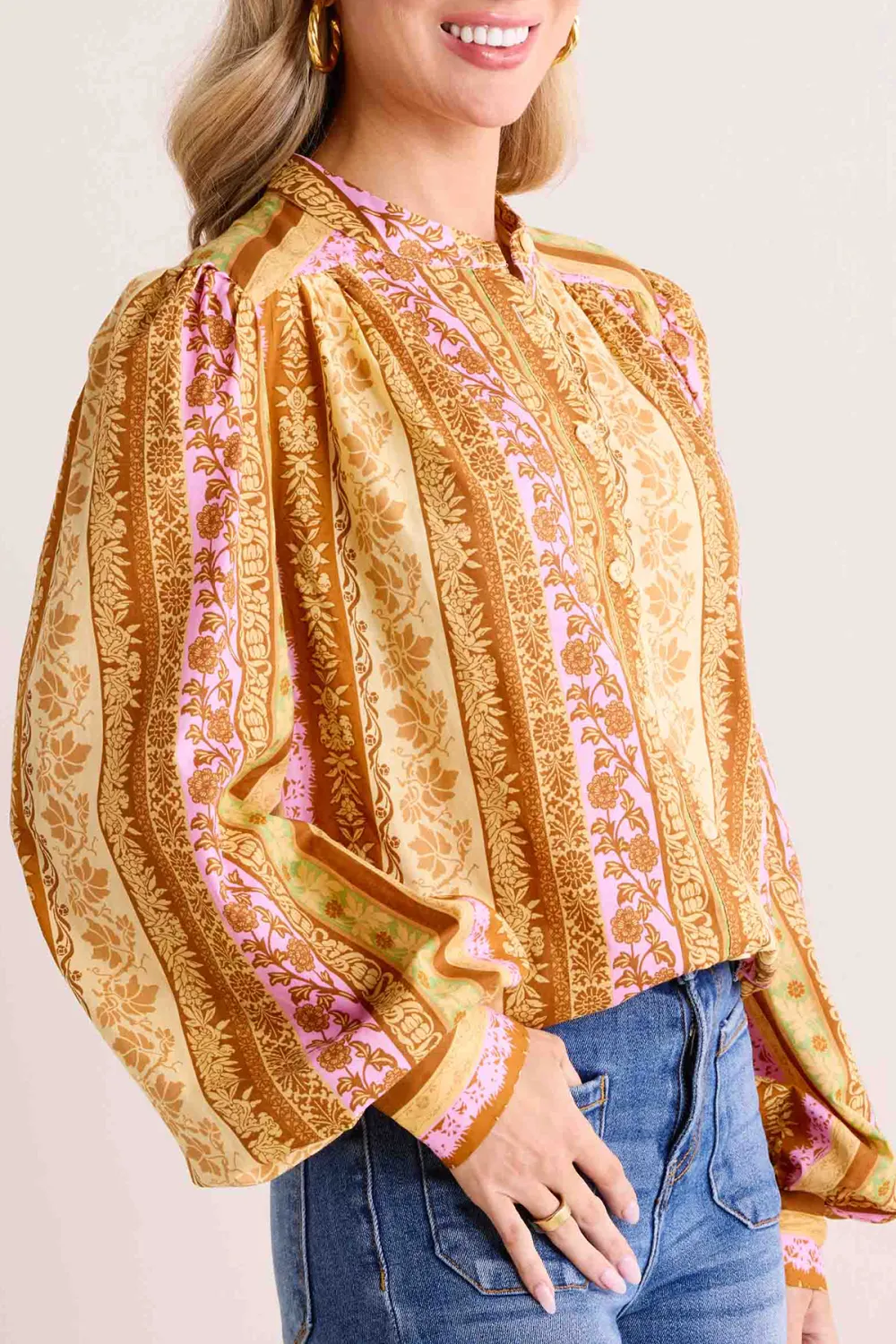 Golden Pattern Balloon Sleeve Button-Front Blouse