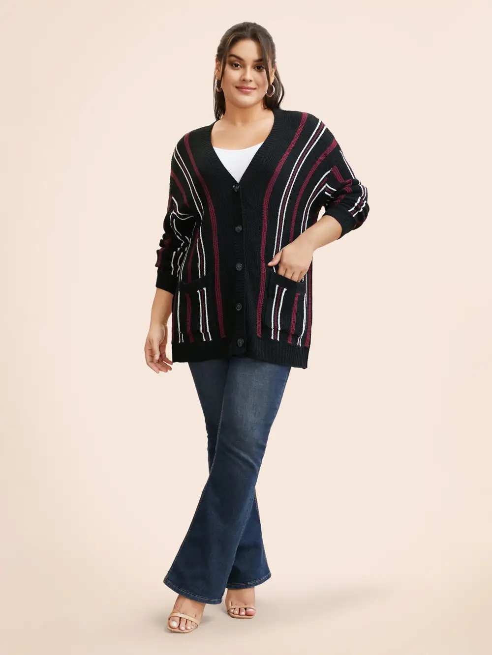 Striped Patched Pocket Drop Shoulder Cardigan