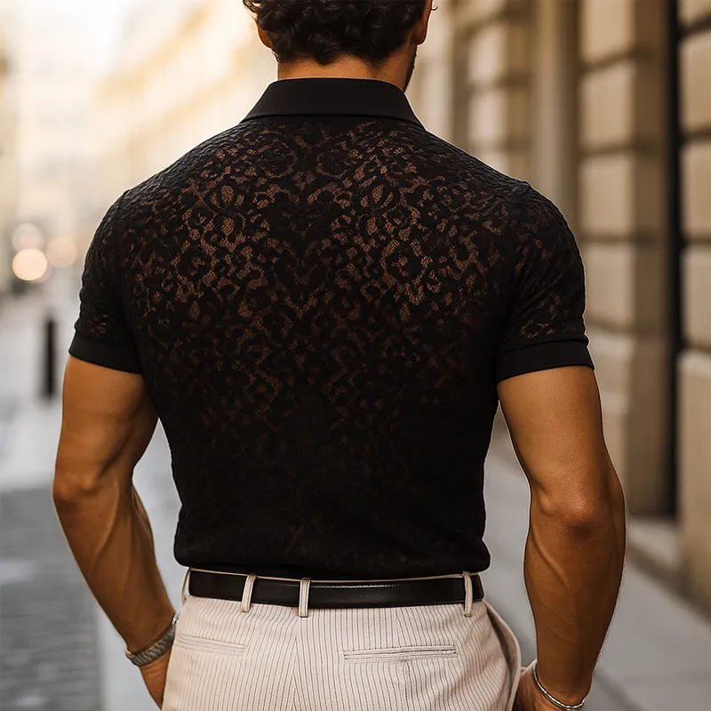 Sharp Casual Short Sleeve Collared Knit Mesh Detail Shirt