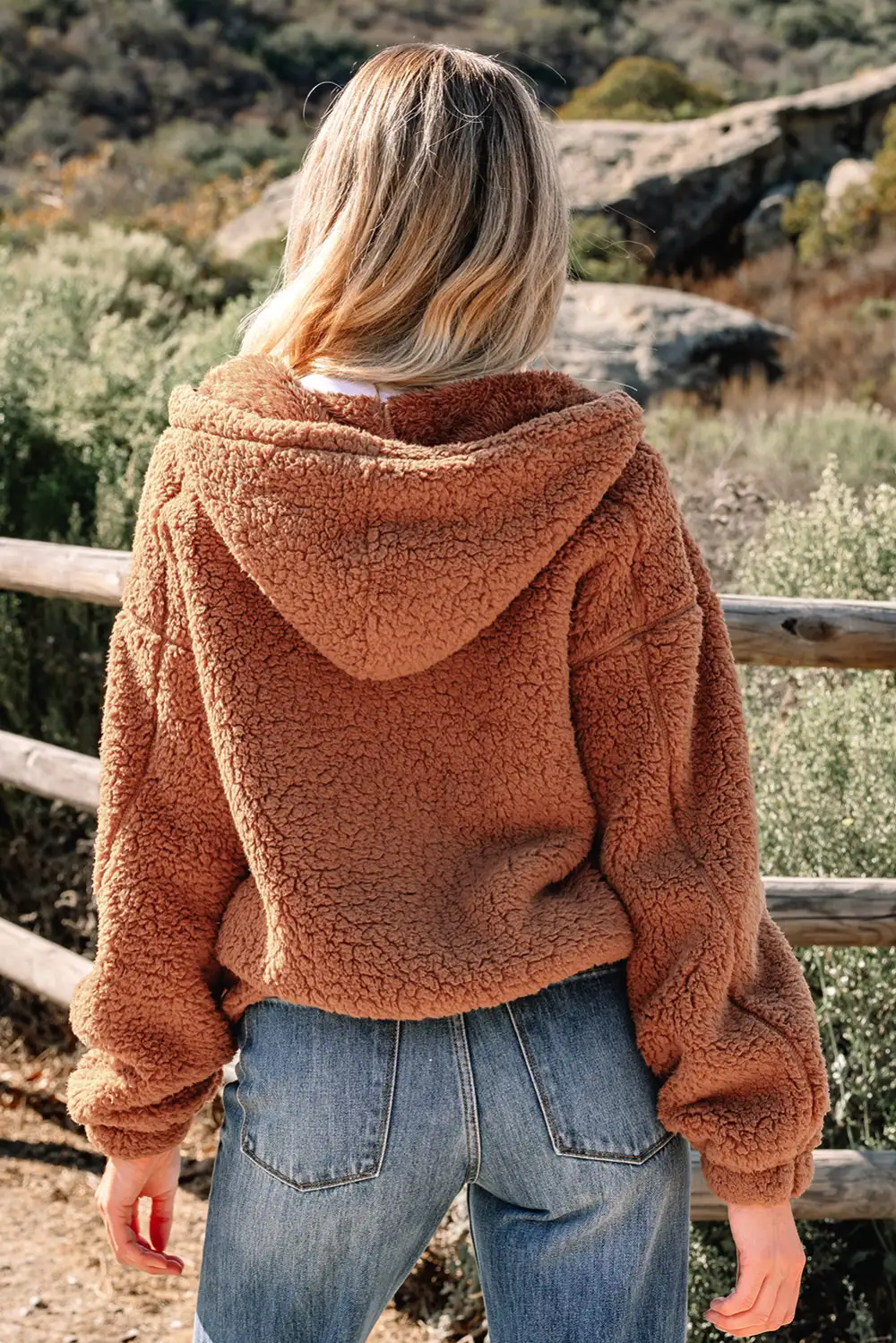 Straw Zip-Up Hooded Sherpa Jacket
