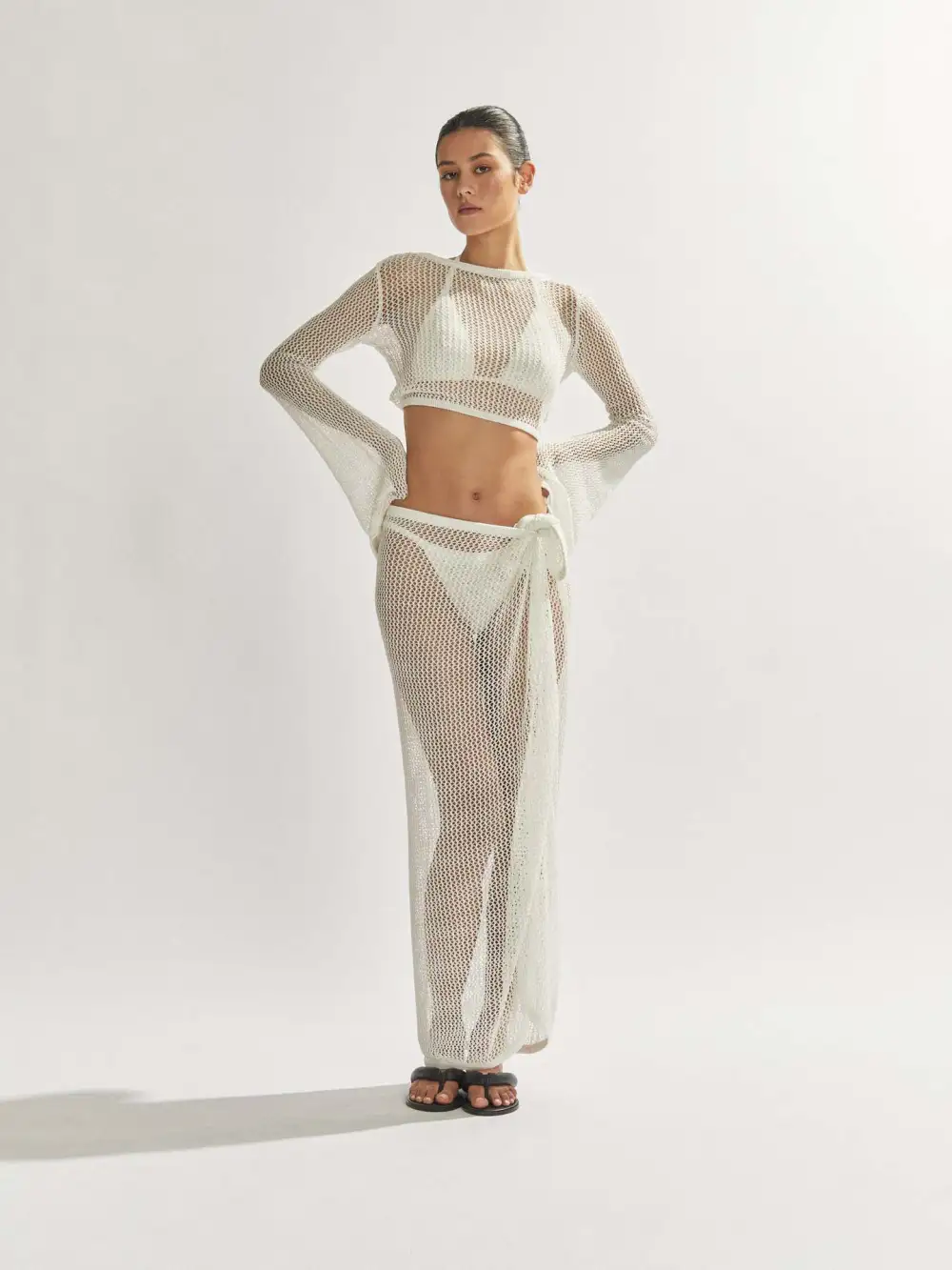 New See-Through Short Backless Long-Sleeved Top High Slit Half-Length Skirt Sweater