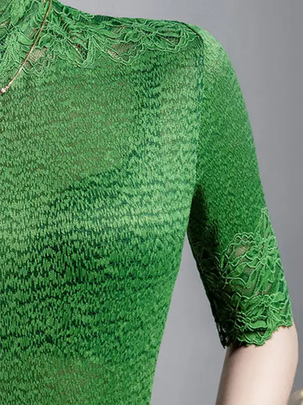 Layered Look Half Sleeve Slightly Sheer Panel Detail Textured High Neck T-Shirt