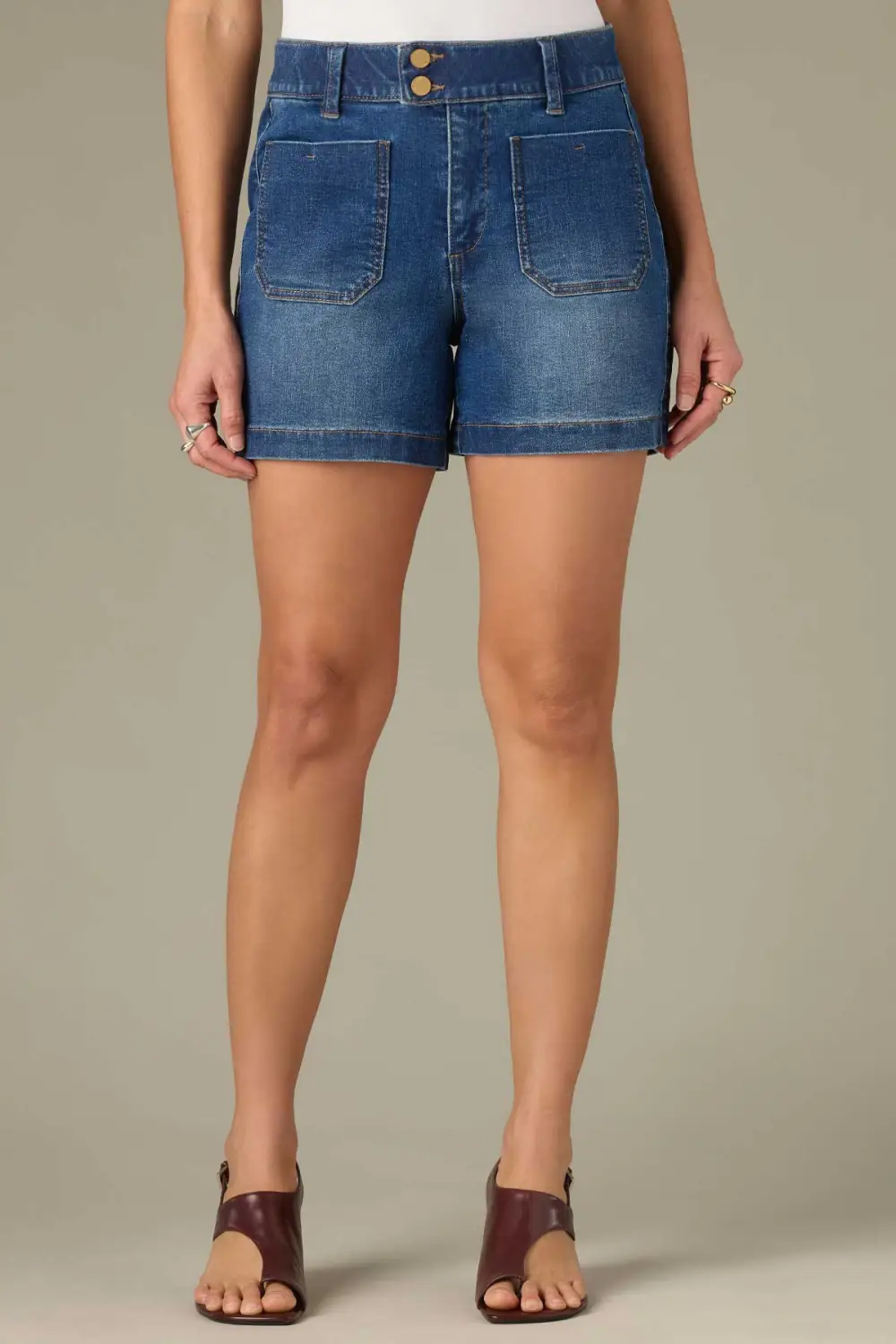 High Rise Double Button Shorts Patch Pockets