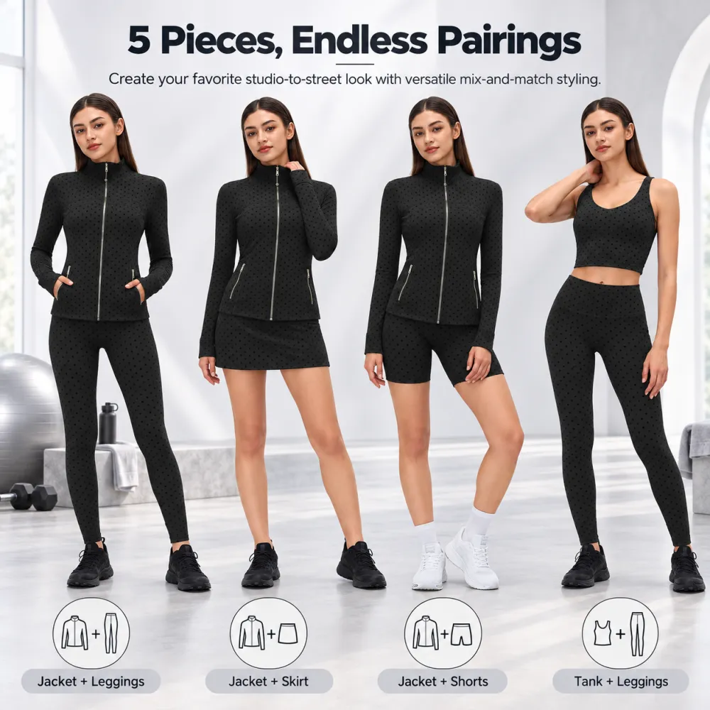 Women's Summer Long Sleeve Zip-Up Jacket, Stand Collar Polka Dot Texture Slim Fit Athletic Jacket for Skirts or Shorts, Nylon Spandex Brushed Fabric Stretchy Sports Outerwear for Yoga