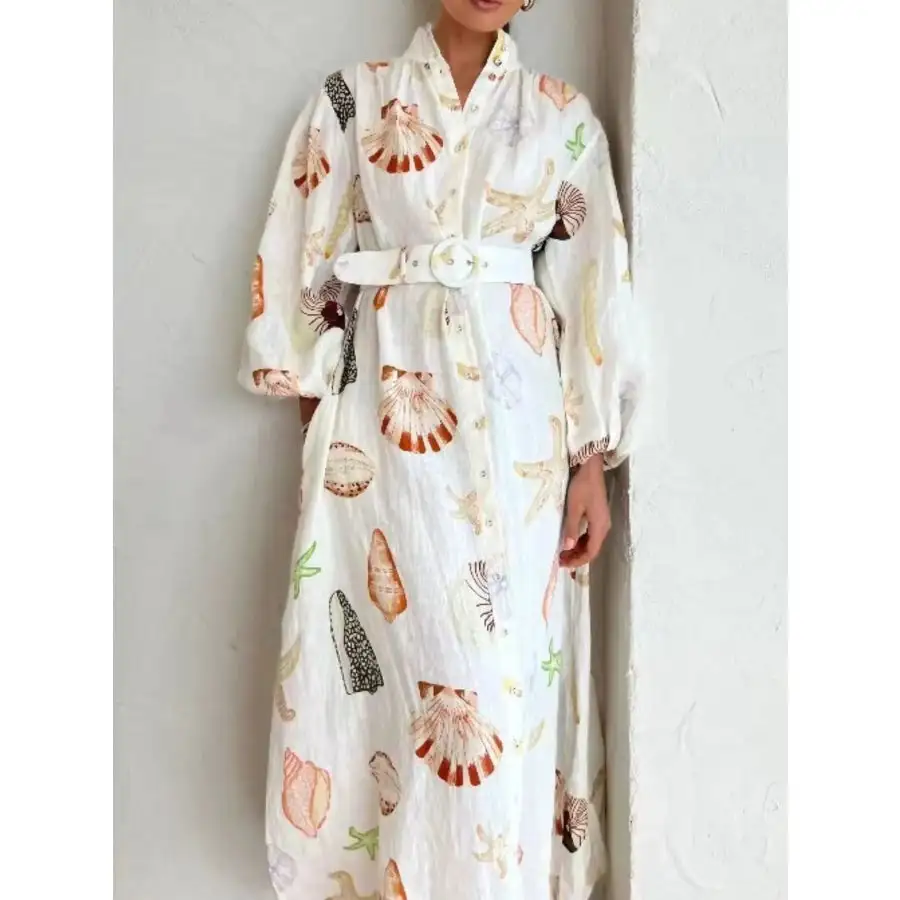 Printed Balloon Sleeve Maxi Shirt Dress