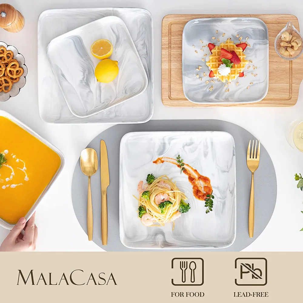 MALACASA Dishes Set for 12, Marble Grey Square Dinnerware Sets, 48 Piece Porcelain Plates and Bowls Sets with Dinner Plates, Dessert Plates, Soup Plates and Cereal Bowls, Series IVY