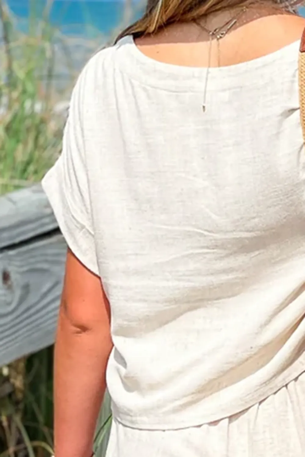 White Cotton And Linen Top With Pockets