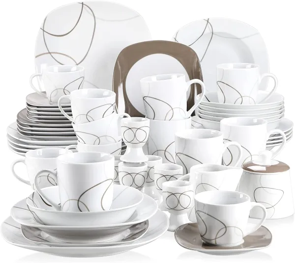 VEWEET, Series Fiona, 100-Piece Plates and Bowls Sets for 12, Including Porcelain Dishes Sets, Bowls, Mugs, Egg Cups, Cup and Saucer Set, Milk Jug and Sugar Pot Set, Microwave and Dishwasher Safe